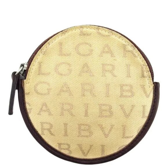 BVLGARI Coin Case Logomania Beige Canvas x Leather Authentic Used